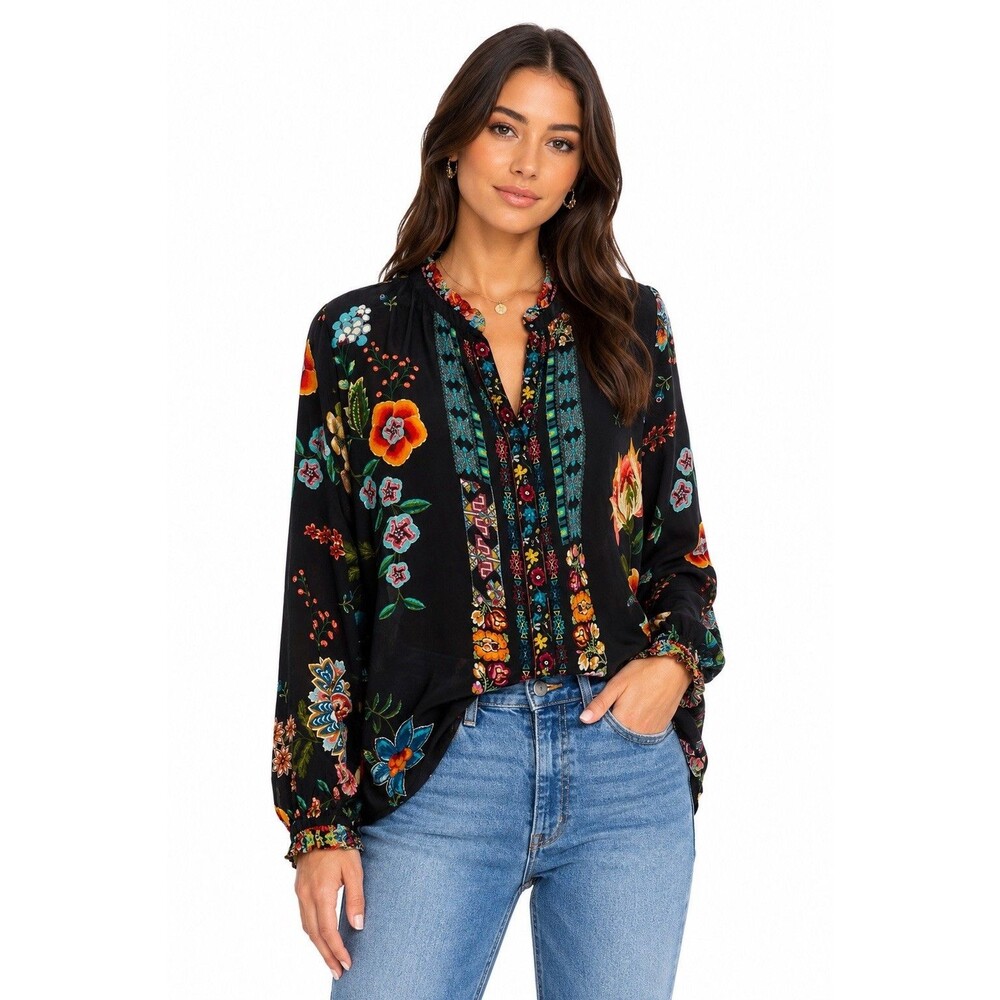 Johnny Was Pamela Silk Floral Boho Blouse Black Multicolor Relaxed Top S Artsy